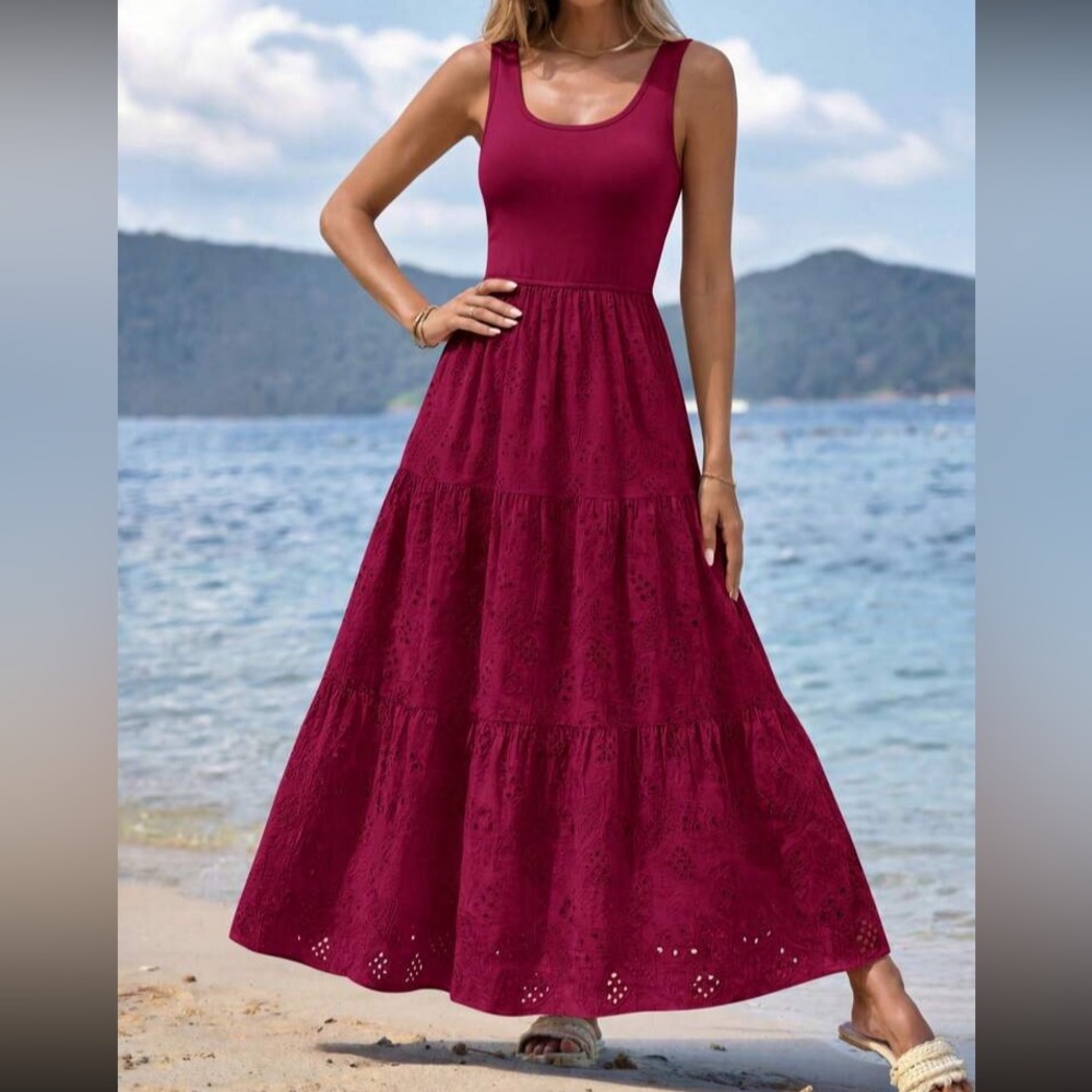 Burgundy Tiered Eyelet Maxi Dress - Women